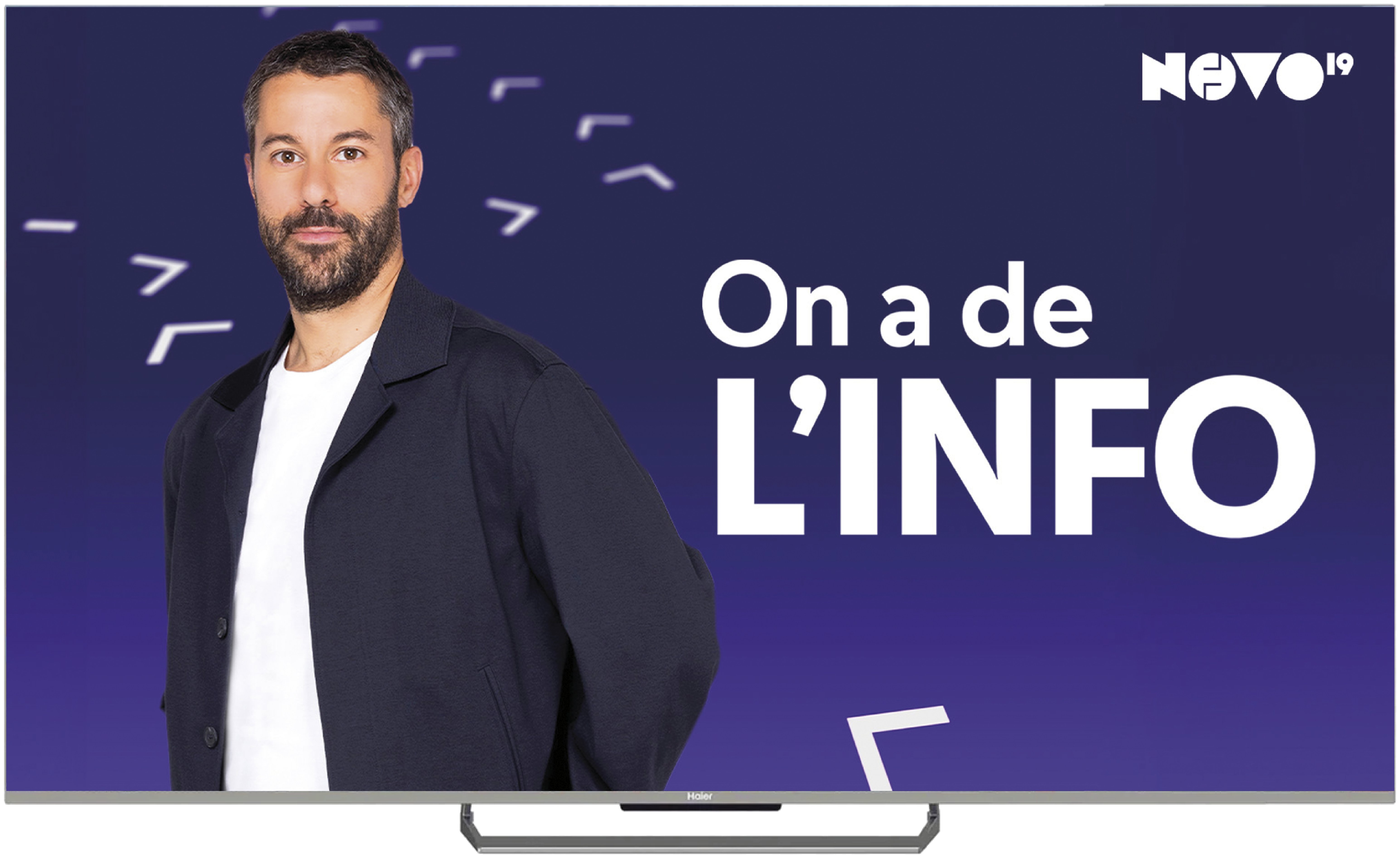 Écran de télévision affichant l'émission Novo19 « On a de l'info »
